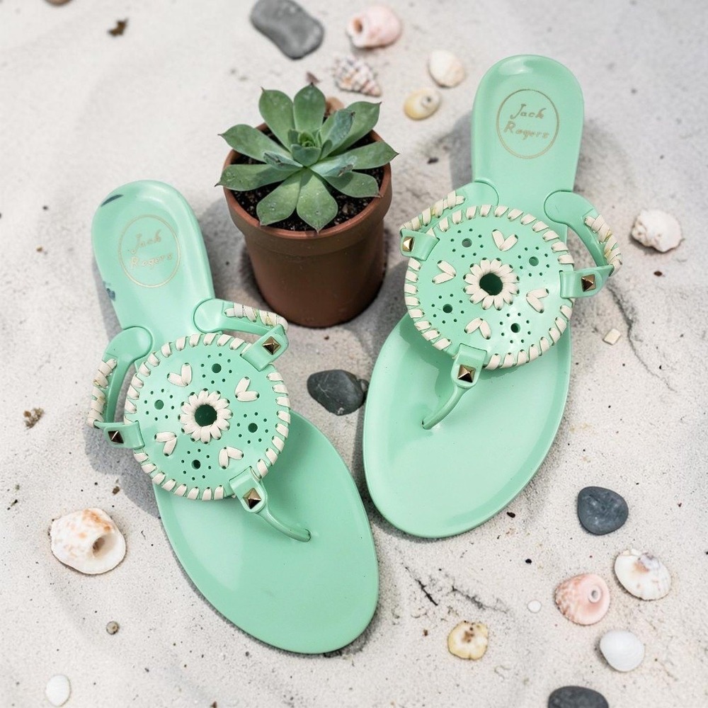 Jack Rogers Georgica Jelly Sandals Mint Green Studded Whipstitch Thong Womens‎ 9